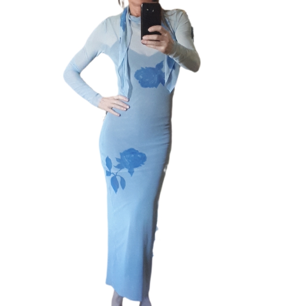 New Rare  Zara Light Blue Floral Long Sleeve Dress